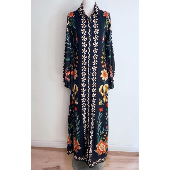 NWT Anthropologie x Farm Rio Floral Birds Long-Sleeve Button-Front Midi Dress​​​ - Picture 2 of 10